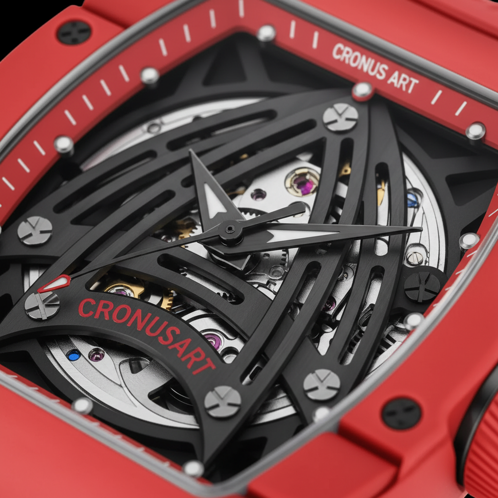 Cronusart CM002 NTPT carbon fiber skeleton watch macro view showing open worked dial, black architectural bridges, visible mechanical movement, and red carbon case