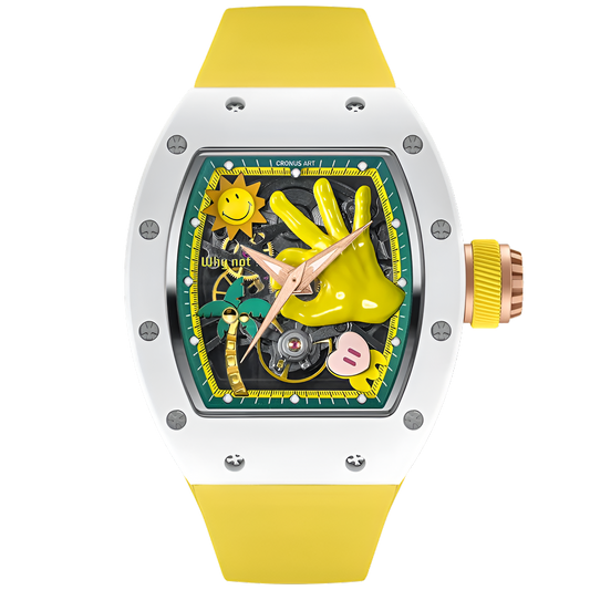 Cronusart CM007-03 - Automatic skeleton watch OK edition with white ceramic tonneau case and yellow strap front view