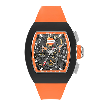 CRONUSART CM011-009 - Chronograph with orange and black strap, skeleton dial, and tachymeter bezel