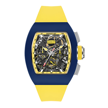 CRONUSART CM011-009 - Blue and yellow skeleton chronograph wristwatch with exposed gears and automatic chronograph function