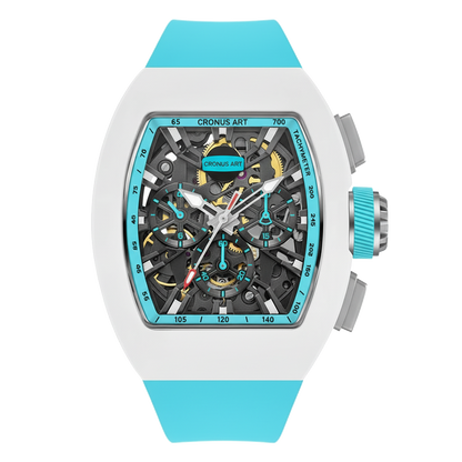 CRONUSART CM011-009 - White and light blue skeleton chronograph wristwatch with exposed mechanical movement 