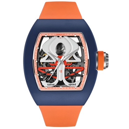 Cronusart CM011-011 - Tonneau automatic skeleton watch Space Station edition with blue carbon steel case orange fluororubber strap and futuristic open worked dial
