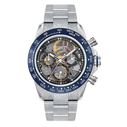 Cronusart CM015-011 - Automatic skeleton chronograph watch with blue ceramic bezel and silver stainless steel bracelet