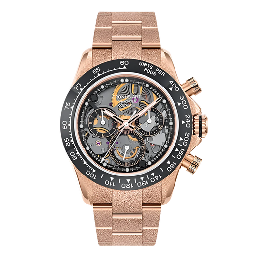 Cronusart CM015-012 - Automatic skeleton chronograph watch with ceramic bezel and rose gold stainless steel bracelet