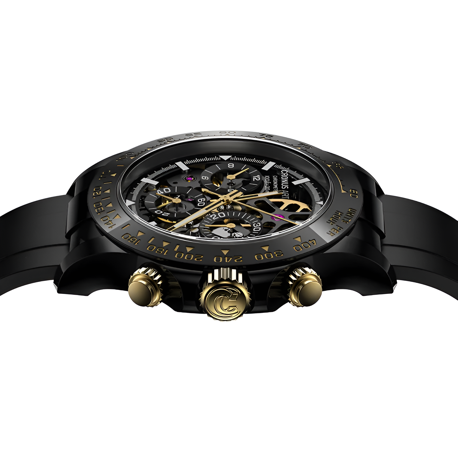 CRONUSART CM015-03 - Men's chronograph watch with black dial, gold accents, forged carbon case, and luminous markers, powered by automatic movement