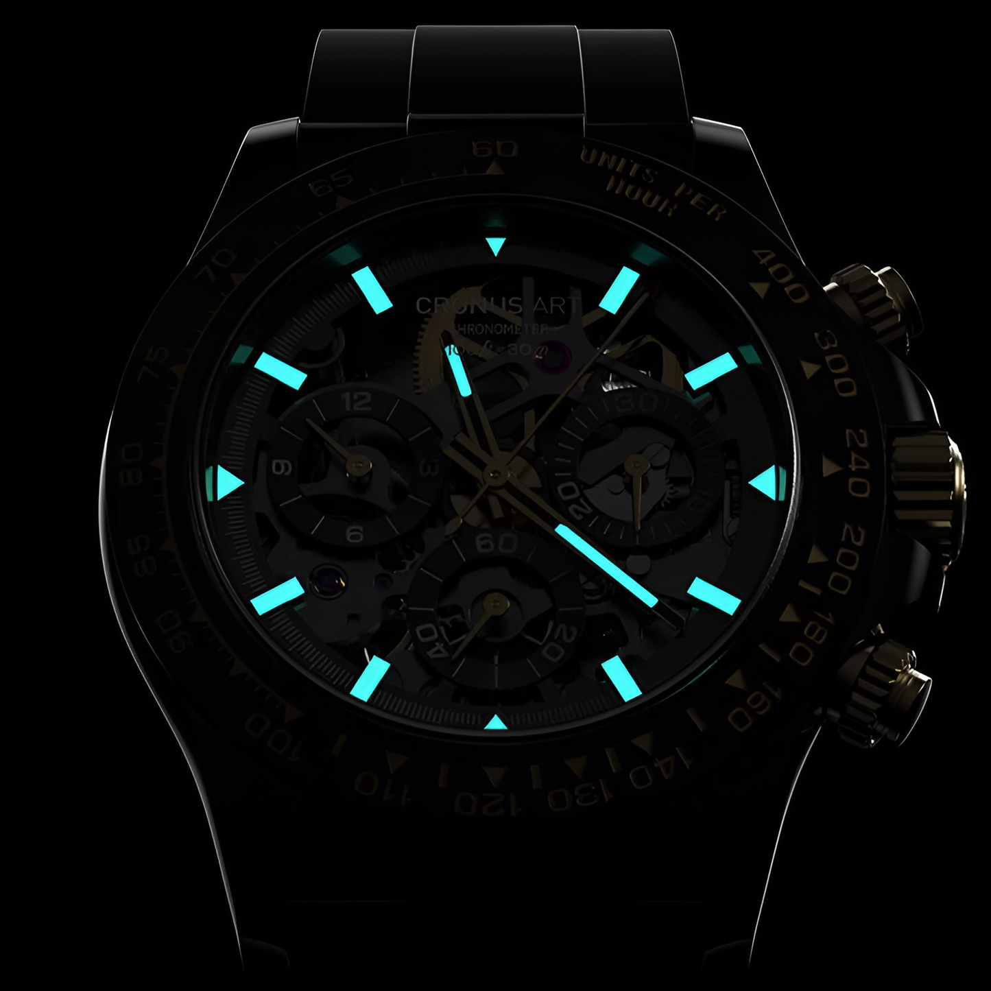 CRONUSART CM015-03 - Super luminous men's chronograph watch with glowing markers and hands for visibility in the dark, black dial with gold accents