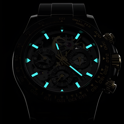CRONUSART CM015-03 - Super luminous men's chronograph watch with glowing markers and hands for visibility in the dark, black dial with gold accents