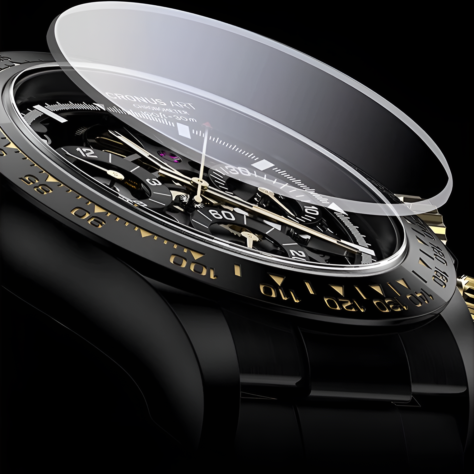 CRONUSART CM015-03 - Men's chronograph watch with anti-scratch sapphire mirror crystal protecting the black dial and gold accents