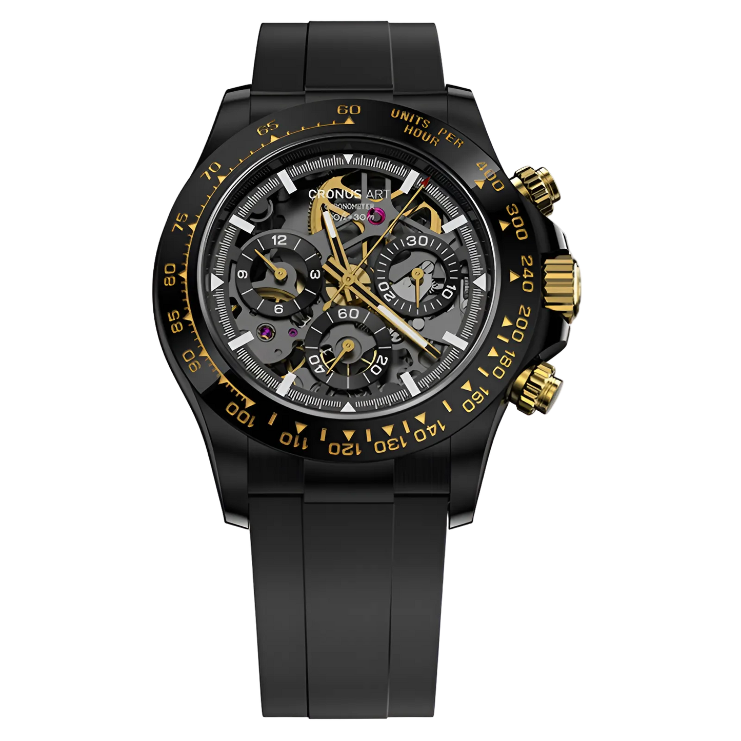 CRONUSART CM015-03 - Chronograph with black case, gold accents, and tachymeter bezel