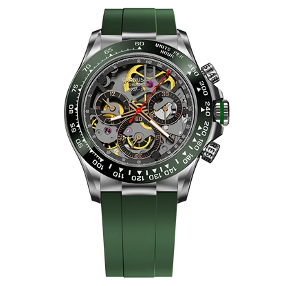 CRONUSART CM015-03 - Chronograph with green strap, skeleton dial, and tachymeter bezel