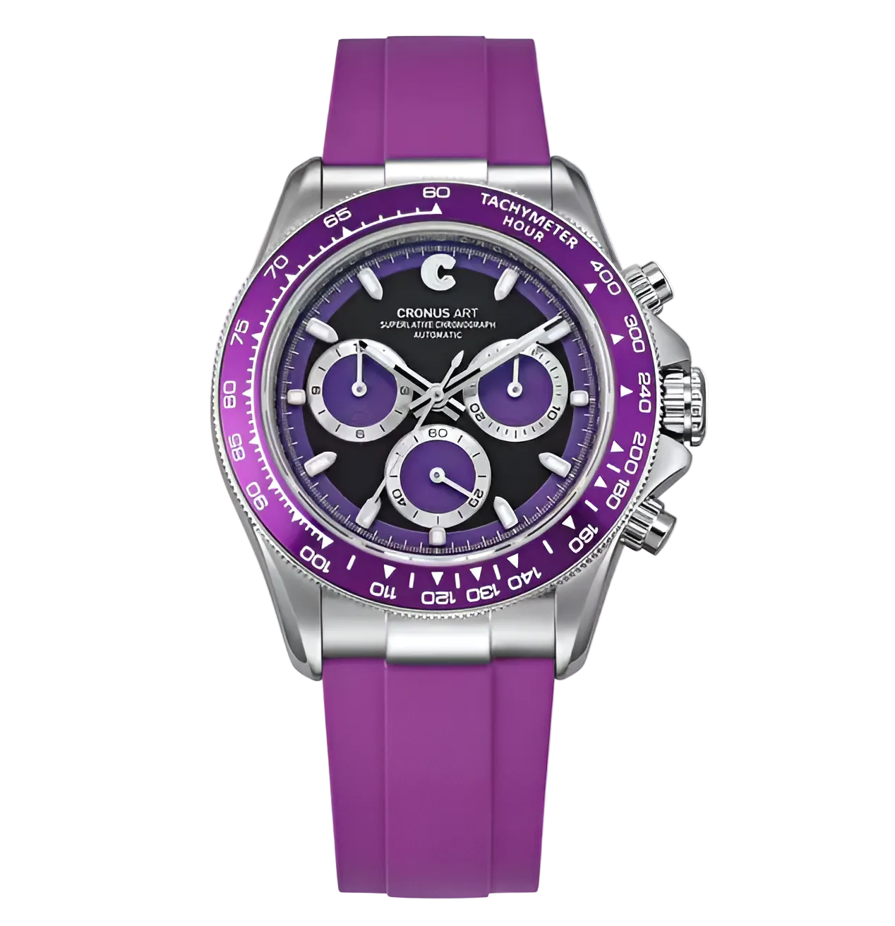 CRONUSART CM015-03 - Chronograph with purple strap, black dial, and tachymeter bezel