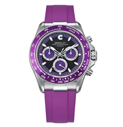 CRONUSART CM015-03 - Chronograph with purple strap, black dial, and tachymeter bezel
