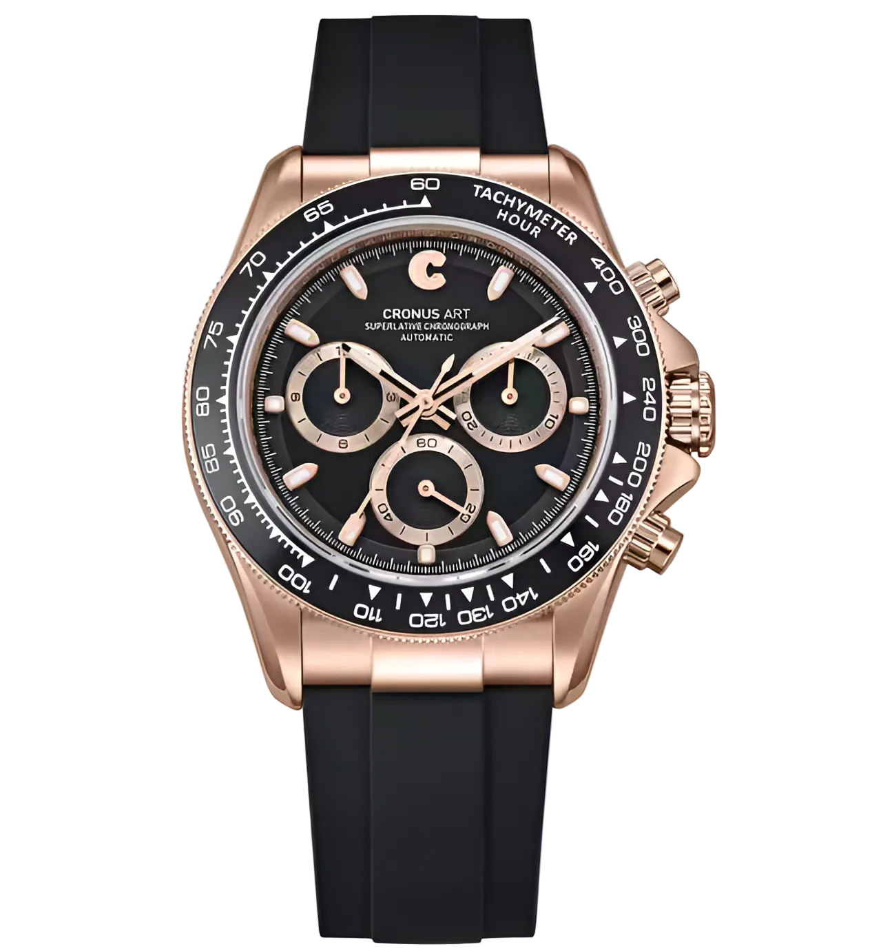 CRONUSART CM015-03 - Chronograph with rose gold case, black dial, and tachymeter bezel