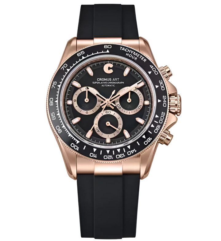CRONUSART CM015-03 - Chronograph with rose gold case, black dial, and tachymeter bezel