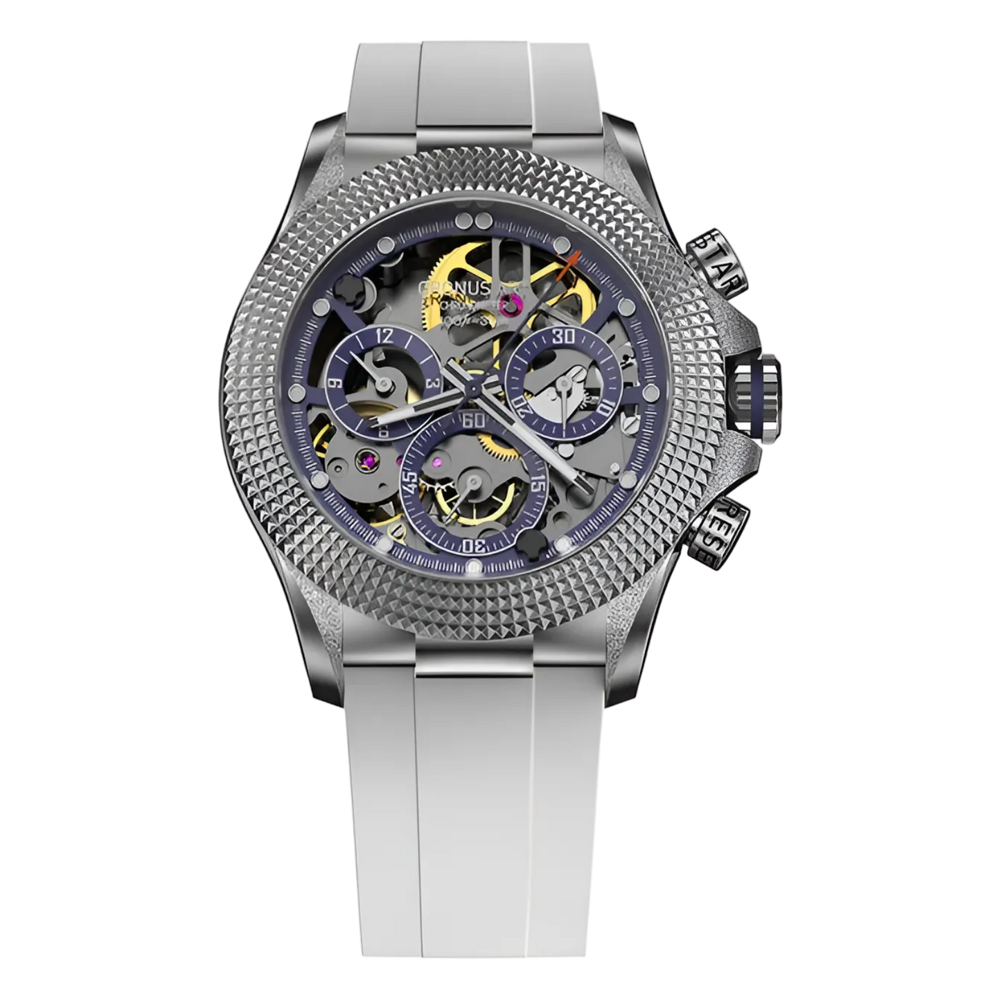CRONUSART CM015-03 - Chronograph with white strap, silver bezel, and skeleton dial