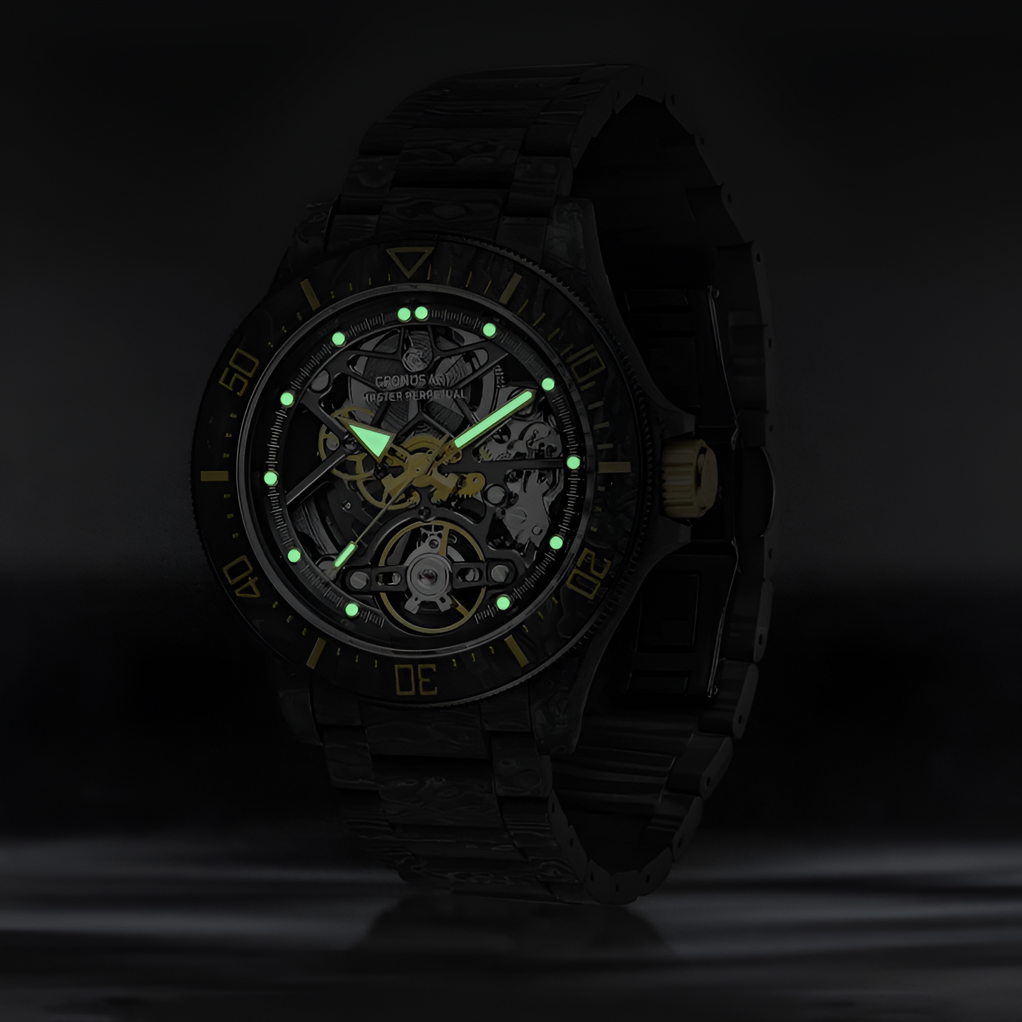 CRONUSART CM016-026 - Luminous skeleton dial, glowing in dark, showcasing the watch's visibility in low-light conditions.