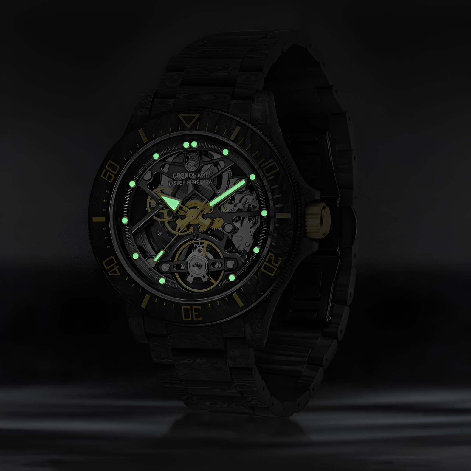 CRONUSART CM016-026 - Luminous skeleton dial, glowing in dark, showcasing the watch's visibility in low-light conditions.