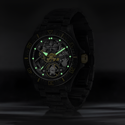 CRONUSART CM016-026 - Luminous skeleton dial, glowing in dark, showcasing the watch's visibility in low-light conditions.