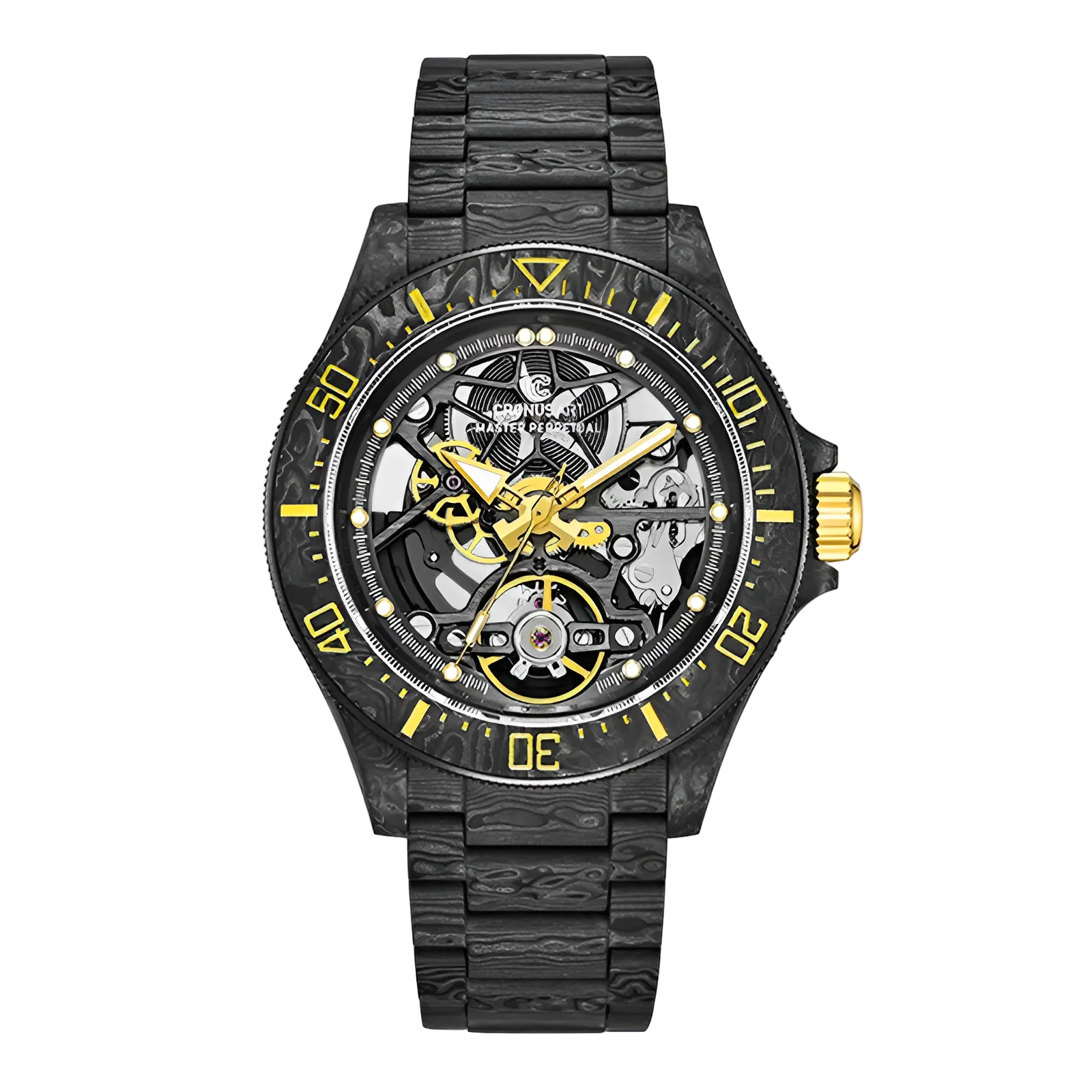 CRONUSART CM016-026 - Limited edition automatic skeleton watch with NTPT carbon case, yellow accents, and exposed mechanical movement