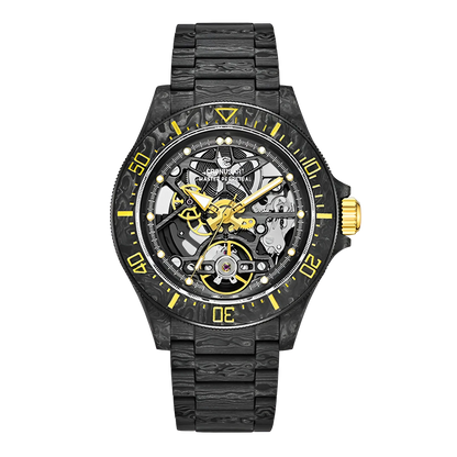 CRONUSART CM016-026 - Limited edition automatic skeleton watch with NTPT carbon case, yellow accents, and exposed mechanical movement