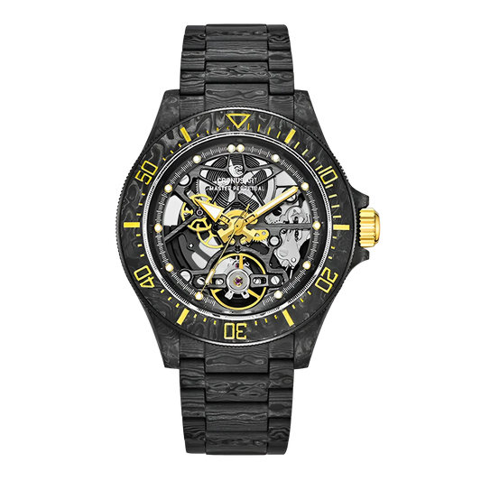 CRONUSART CM016-026 - Limited edition automatic skeleton watch with NTPT carbon case, yellow accents, and exposed mechanical movement
