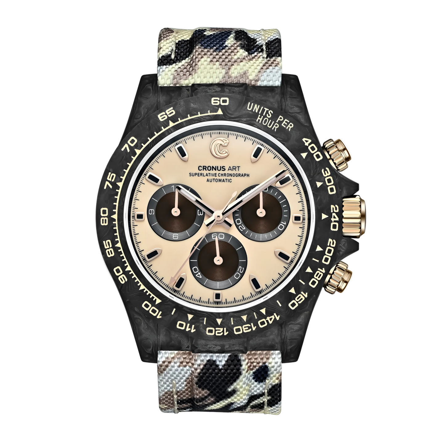 Cronusart CM016 037 carbon fiber automatic chronograph watch with beige dial and beige camo strap front view