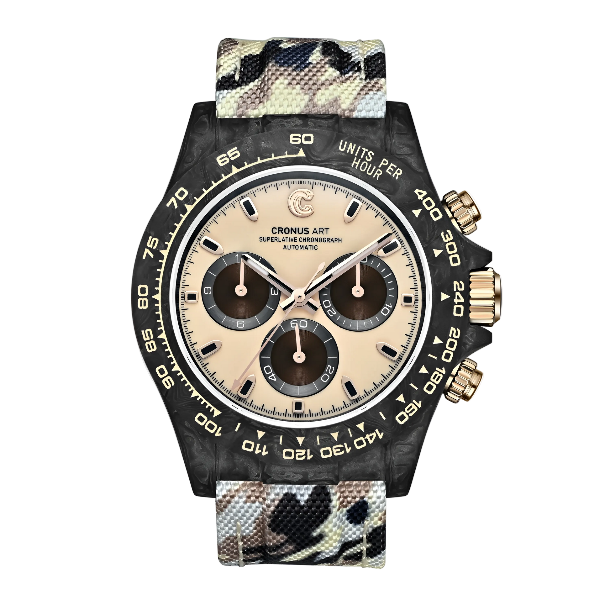 Cronusart CM016 037 carbon fiber automatic chronograph watch with beige dial and beige camo strap front view