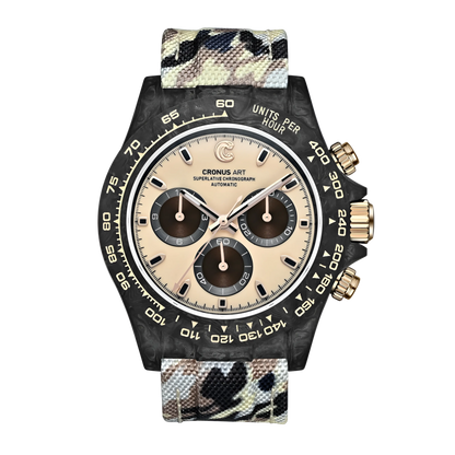 Cronusart CM016 037 carbon fiber automatic chronograph watch with beige dial and beige camo strap front view