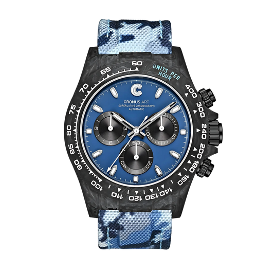 Cronusart CM016 037 carbon fiber automatic chronograph watch with blue dial and blue camo strap front view