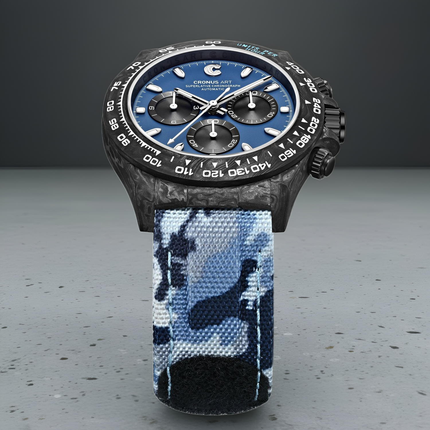 Cronusart CM016 037 carbon fiber automatic chronograph watch blue dial studio angle view on strap stand
