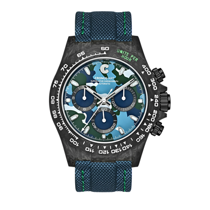 Cronusart CM016 037 carbon fiber automatic chronograph watch with blue green camo dial and blue strap front view