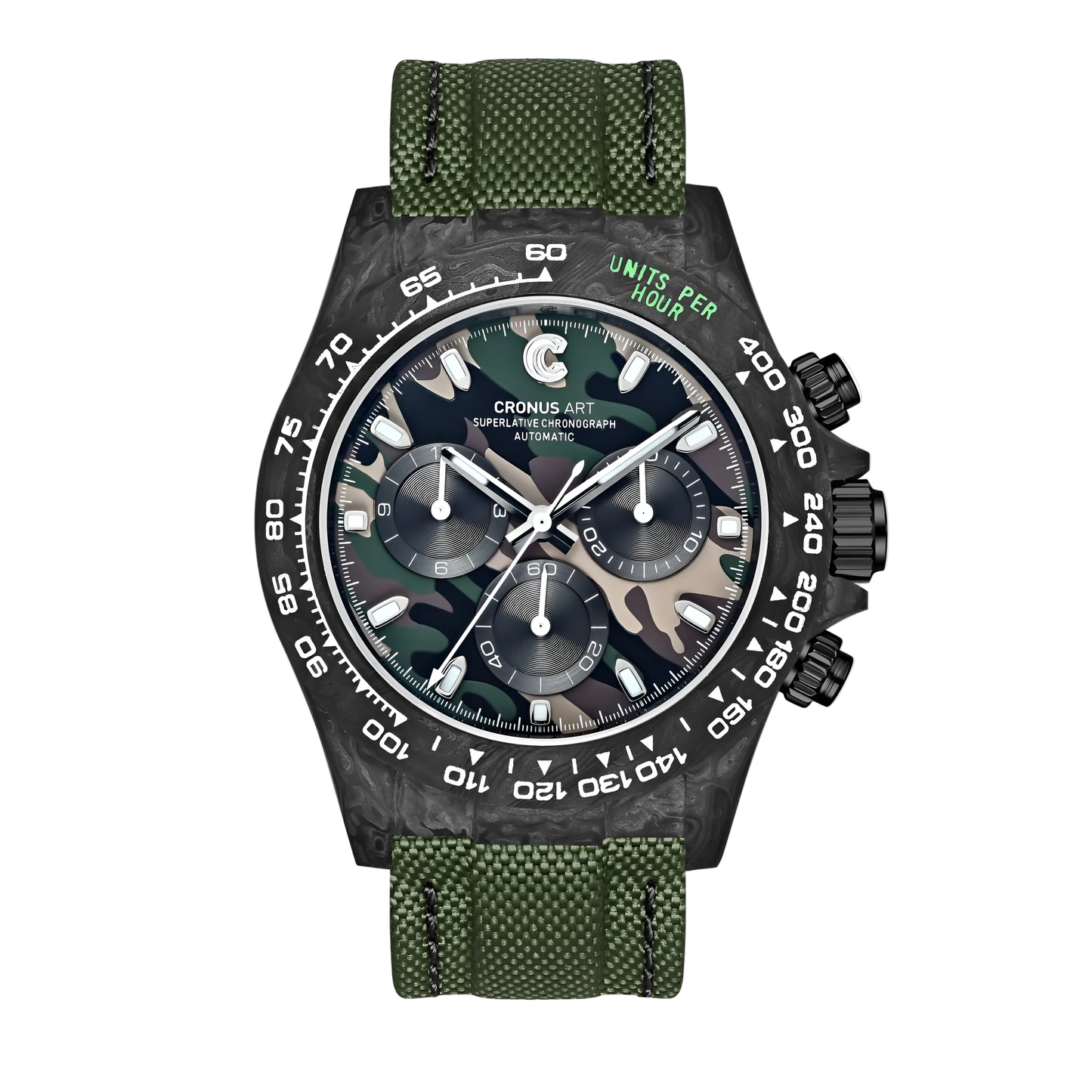 Cronusart CM016 037 carbon fiber automatic chronograph watch with dark camo dial and green strap front view