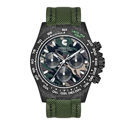 Cronusart CM016 037 carbon fiber automatic chronograph watch with dark camo dial and green strap front view