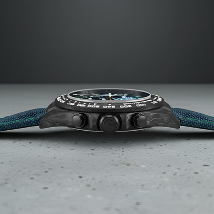 Cronusart CM016 037 carbon fiber automatic chronograph watch side profile showing case thickness crown and pushers