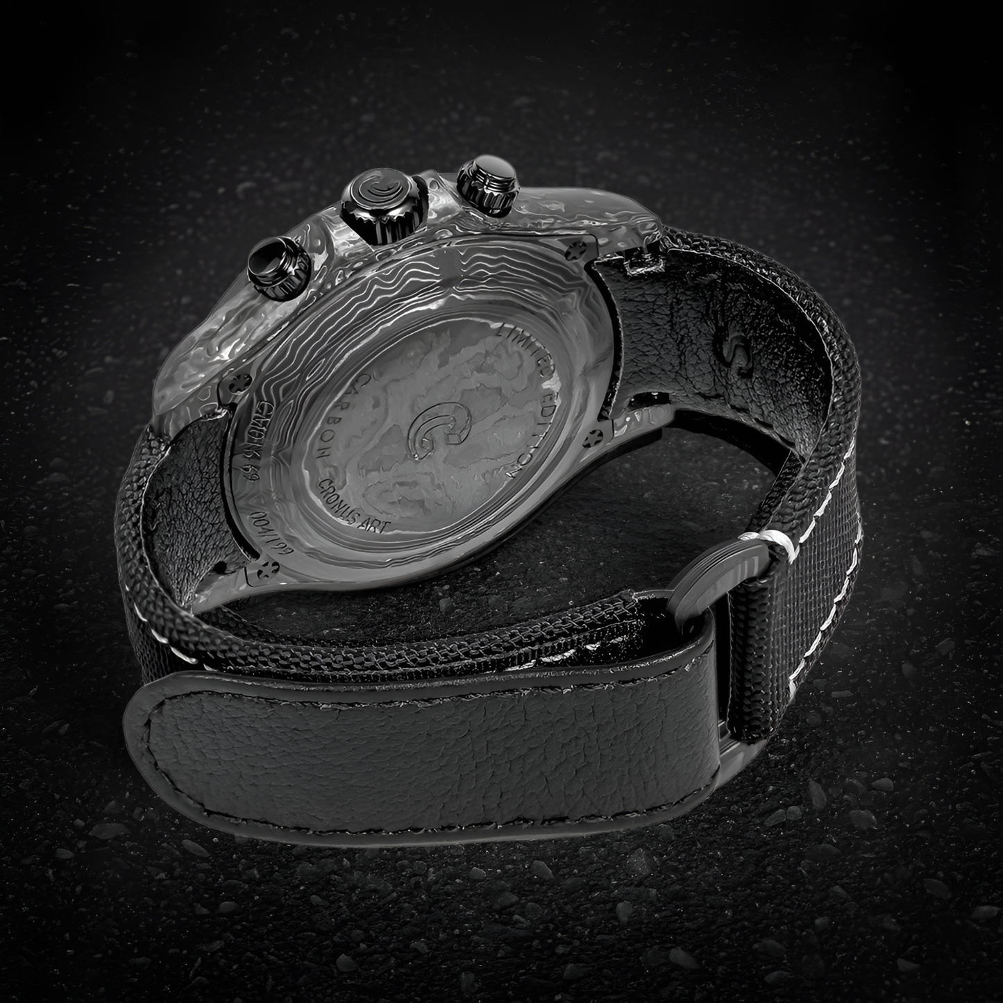 Rear angle of Cronusart CM016-069 forged carbon automatic watch showing caseback and hybrid strap