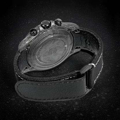 Rear angle of Cronusart CM016-069 forged carbon automatic watch showing caseback and hybrid strap