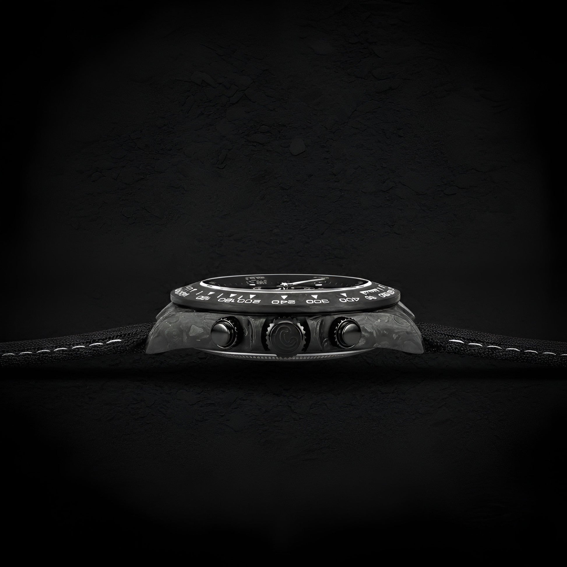 Side profile of Cronusart CM016-069 forged carbon automatic watch highlighting slim case design