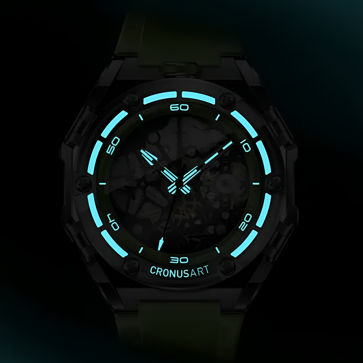 CRONUSART CM025 - Luxury men’s chronograph watch with luminous hands and scales glowing in dark studio setting