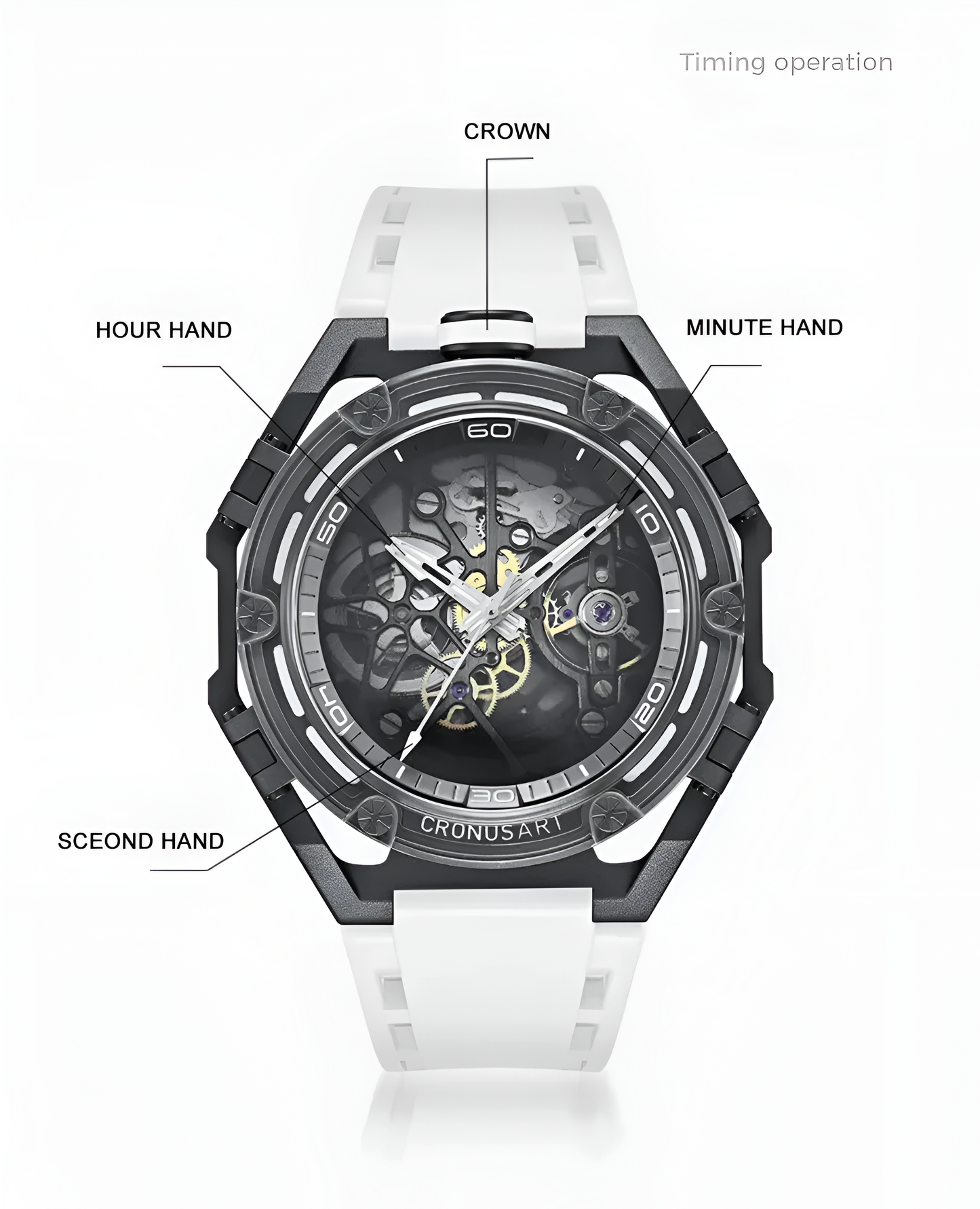 CRONUSART CM025 - Luxury skeleton dial watch showing crown position and hour minute second hand operation