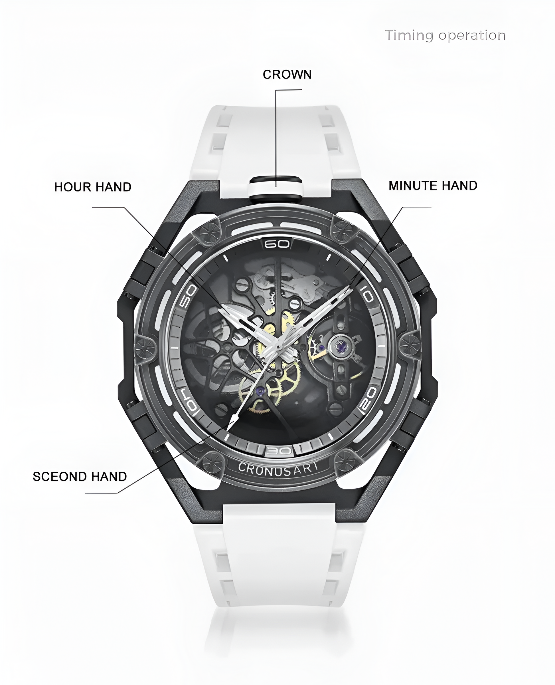 CRONUSART CM025 - Luxury skeleton dial watch showing crown position and hour minute second hand operation