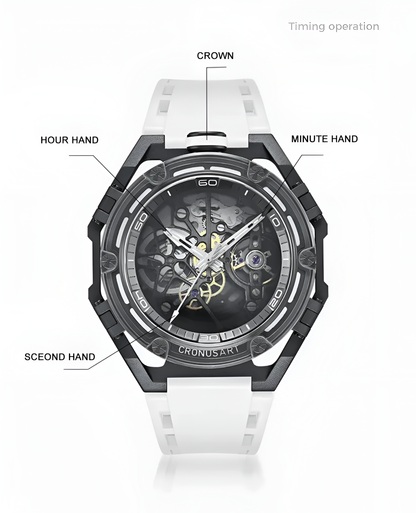 CRONUSART CM025 - Luxury skeleton dial watch showing crown position and hour minute second hand operation