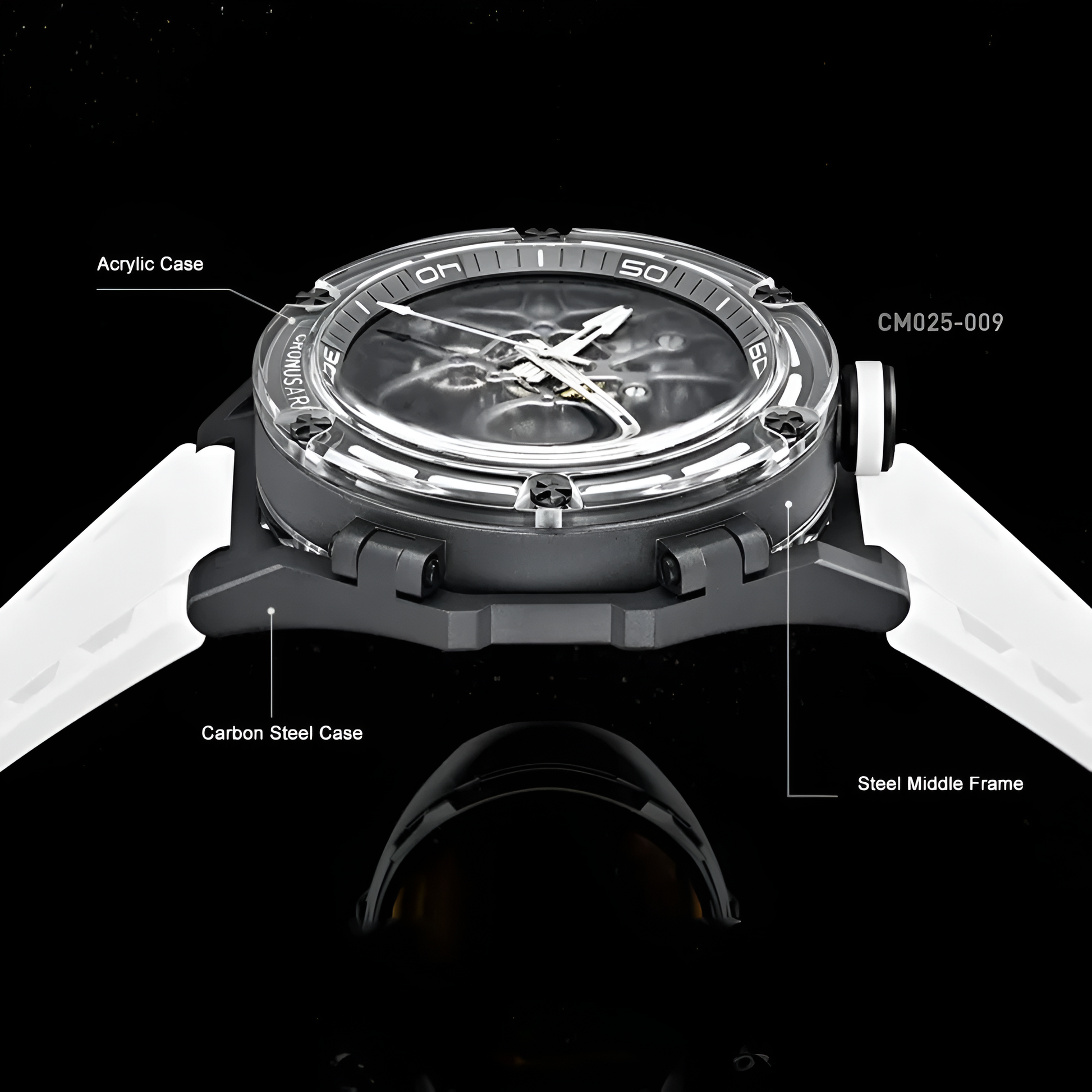 CRONUSART CM025 - Men Automatic Watch 43mm Mechanical Wristwatch Carbon Steel+Acrylic Case Skeleton Dial