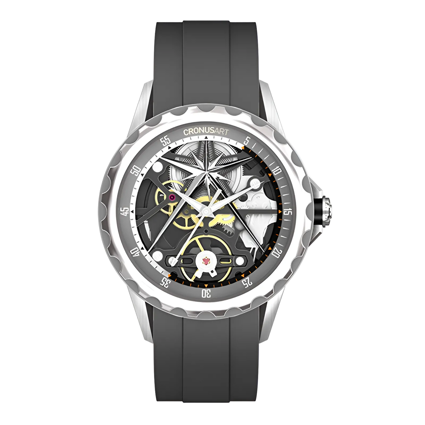 Cronusart CM05-06A - Automatic skeleton watch with black rubber strap and grey bezel, stainless steel case