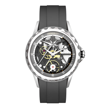 Cronusart CM05-06A - Automatic skeleton watch with black rubber strap and grey bezel, stainless steel case