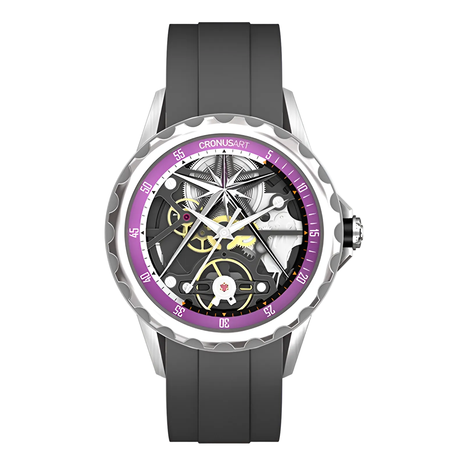 Cronusart CM05-06A - Automatic skeleton watch with black rubber strap and purple bezel, exposed hollow out dial