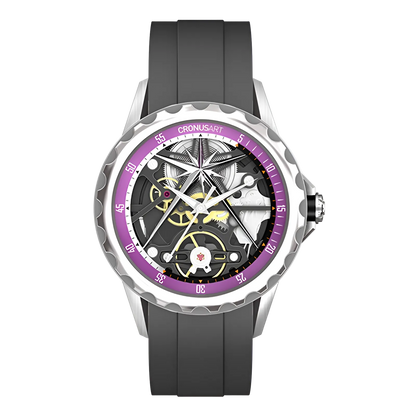 Cronusart CM05-06A - Automatic skeleton watch with black rubber strap and purple bezel, exposed hollow out dial