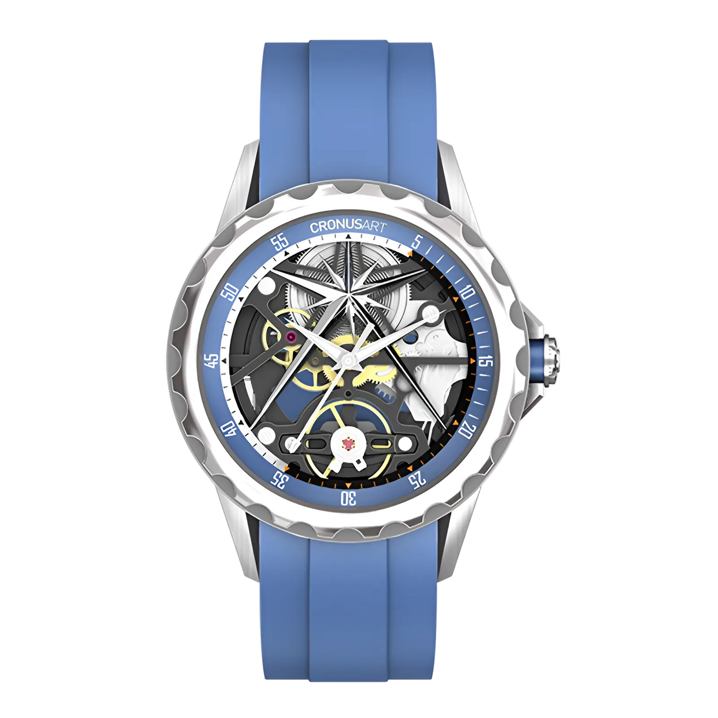 Cronusart CM05-06A - Automatic skeleton watch with blue rubber strap and blue bezel, open mechanical movement