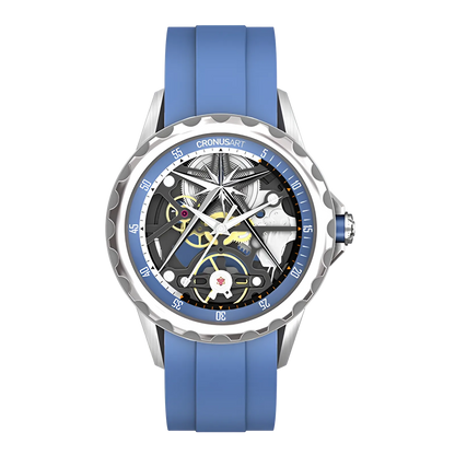 Cronusart CM05-06A - Automatic skeleton watch with blue rubber strap and blue bezel, open mechanical movement