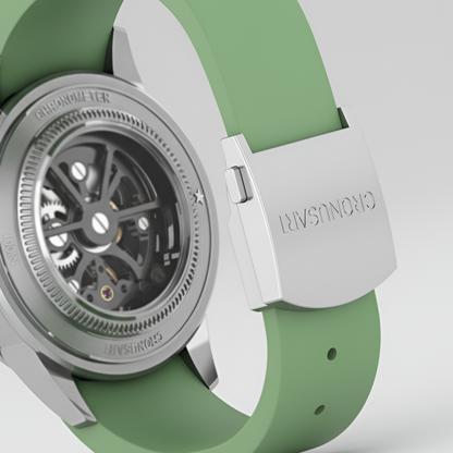 Cronusart CM05-06A - Automatic skeleton watch Close-up of with a green strap and silver case on a light gray background