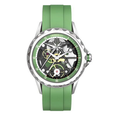 Cronusart CM05-06A - Automatic skeleton watch with green rubber strap and green bezel, hollow out mechanical movement